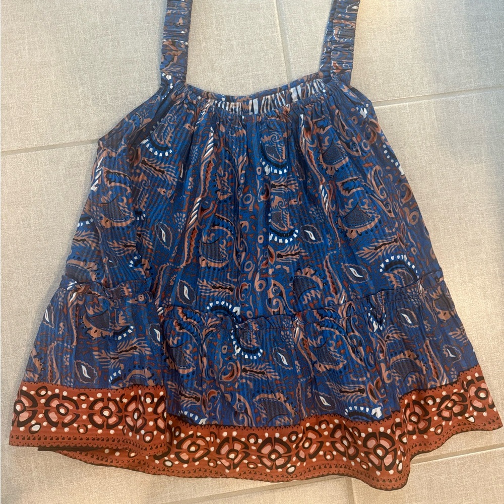 Cleobella Daya Tank Top - Lazuli Blue and Brown Patterned Sleeveless Top size XS